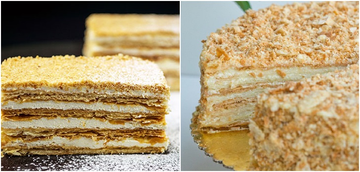 Cake "Napoleon", recepty s fotografiou doma: klasická (sovietská), s pudinkom, s kondenzovaným mliekom, z baflového pečiva